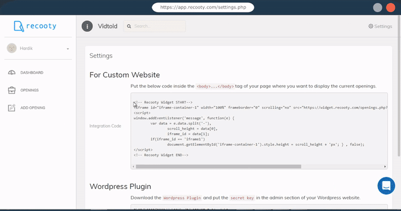 Job widget integration for custom websites
