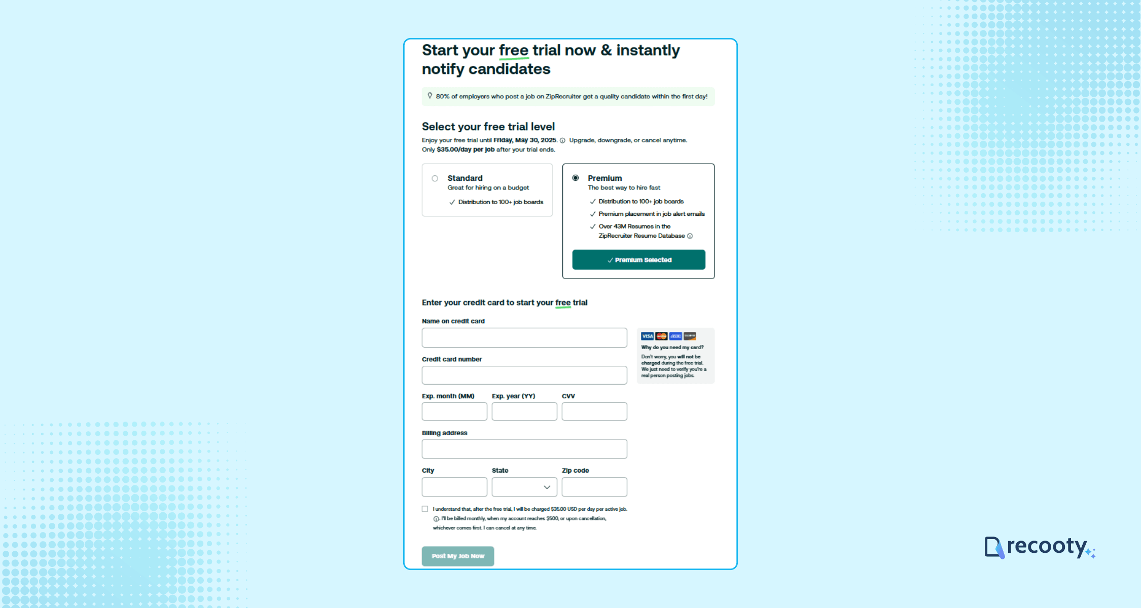 Select plan complete payment details and post your job on Ziprecruiter 1