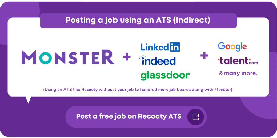 Post a job on Monster using an ATS, post a free job on Monster using Recooty