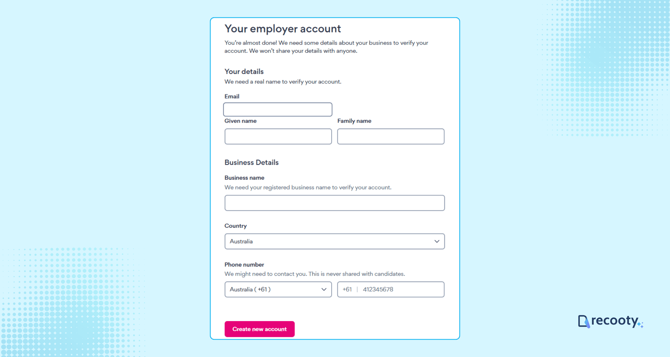 Enter all the basic details to set up your employer account on Seek