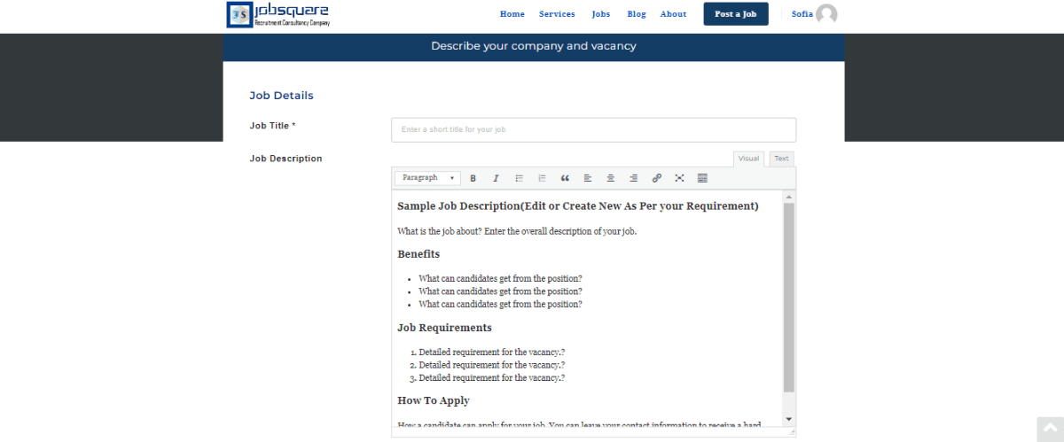 Fill in the company and job details 