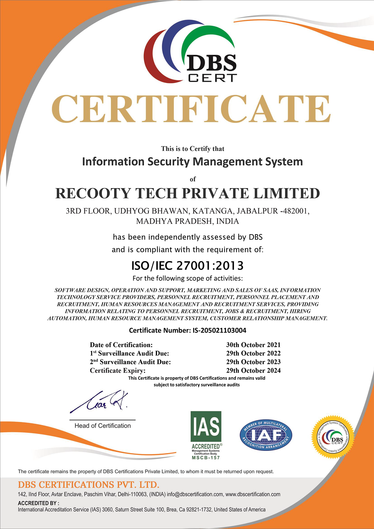 Recooty ISO 27001 Certificate